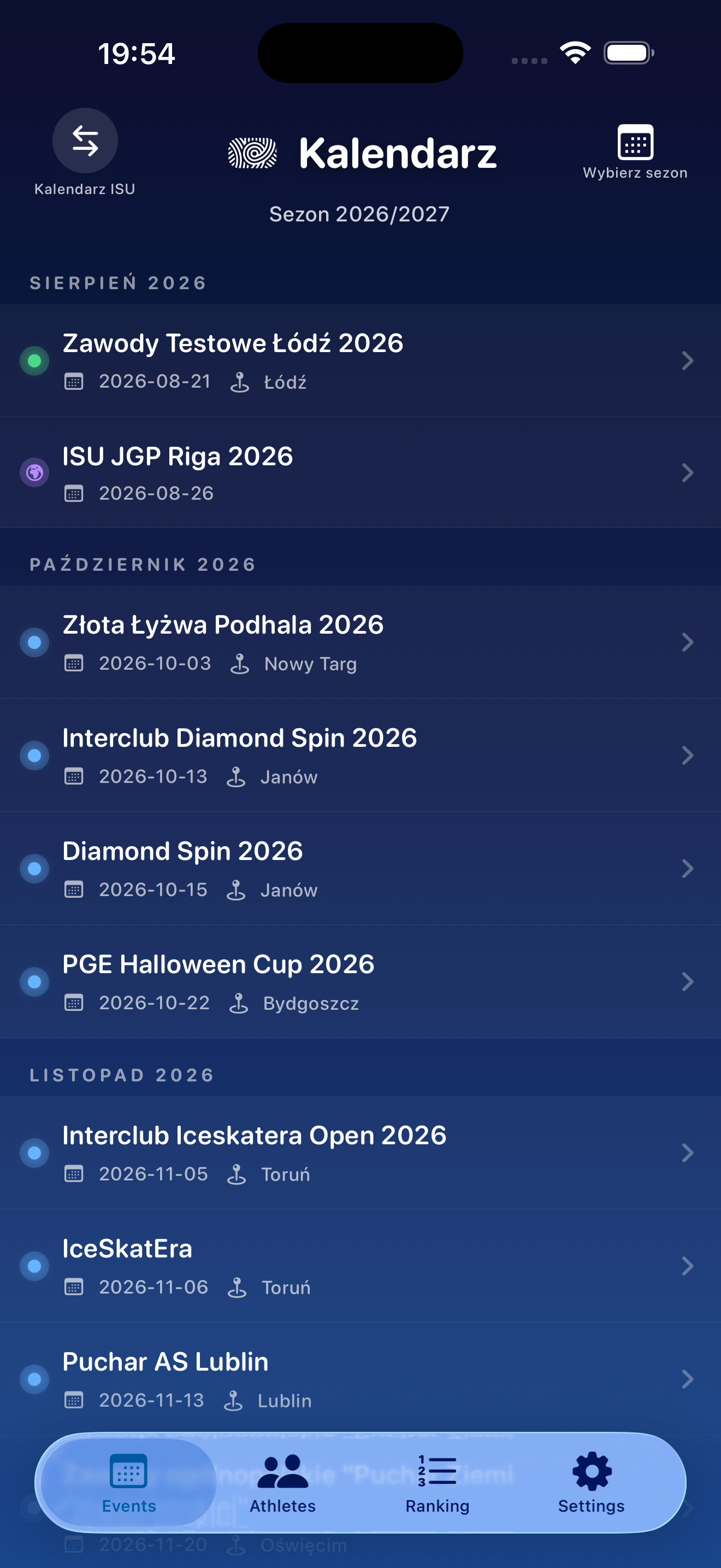 Kalendarz zawodów — SkatingApp